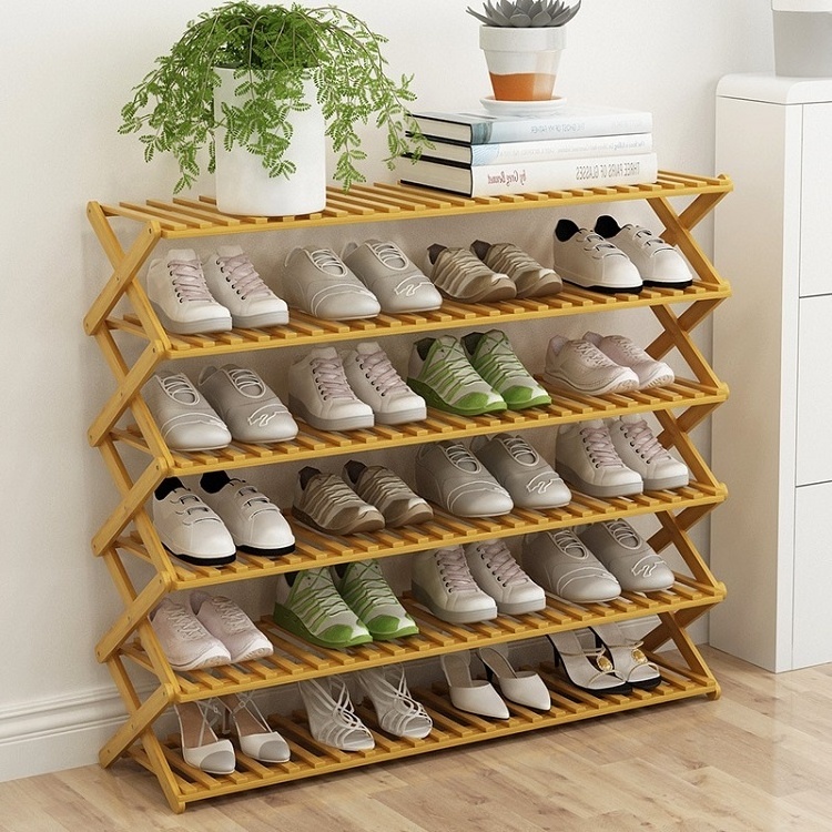 2024 Cheap Wholesale Modern Custom Portable Foldable 10 Tiers 50 Pair Bamboo Wooden Shoe Rack for Home Flower Pots & Planter