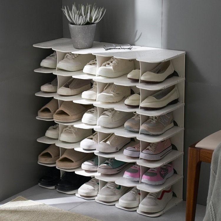 Collapsible Simple Designs Adjustable 6 Tiers Smart Folding White Plastic Joint Shoe Storage Organizer Rack for Outdoor Door