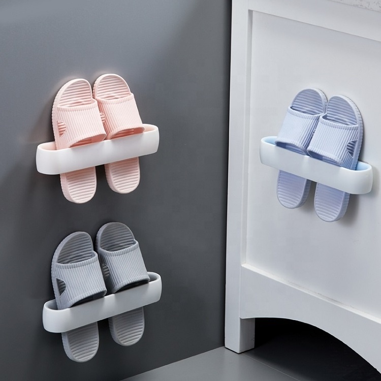 Cheap Modern Home Super Adhesive Wall Mounted Bathroom Shelf Plastic Slipper Shoe Storage Rack with Door Towel for Living Room