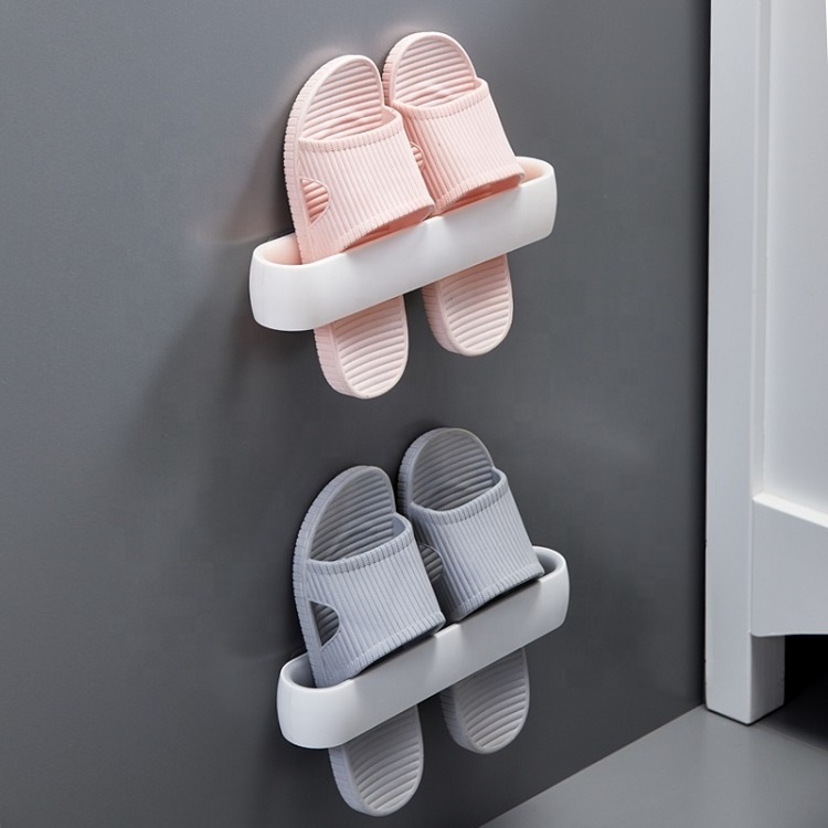 Cheap Modern Home Super Adhesive Wall Mounted Bathroom Shelf Plastic Slipper Shoe Storage Rack with Door Towel for Living Room