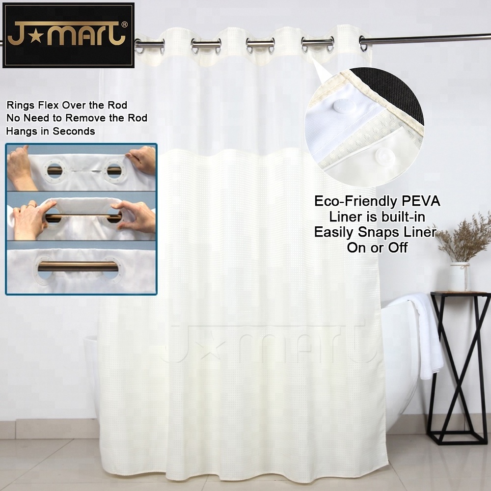 Beige Waffle Hotel Shower Curtain Hookless with Window and Liner