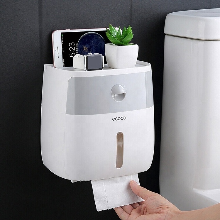 2024 Ecoco Wall Mounted Plastic Tissue Dispenser Kitchen Bathroom Toilet Roll Paper Towel Holder with Tissue Box Shelf and Cover