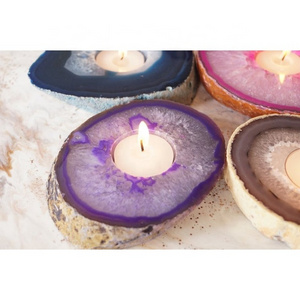 Hot Sale Luxury Modern Gold Tea Light Votive Small Agate Crystal Stone Amethyst Geode Candle Holder for Wedding Home Decor