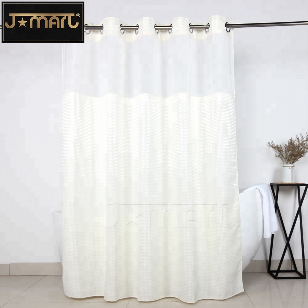 Beige Waffle Hotel Shower Curtain Hookless with Window and Liner