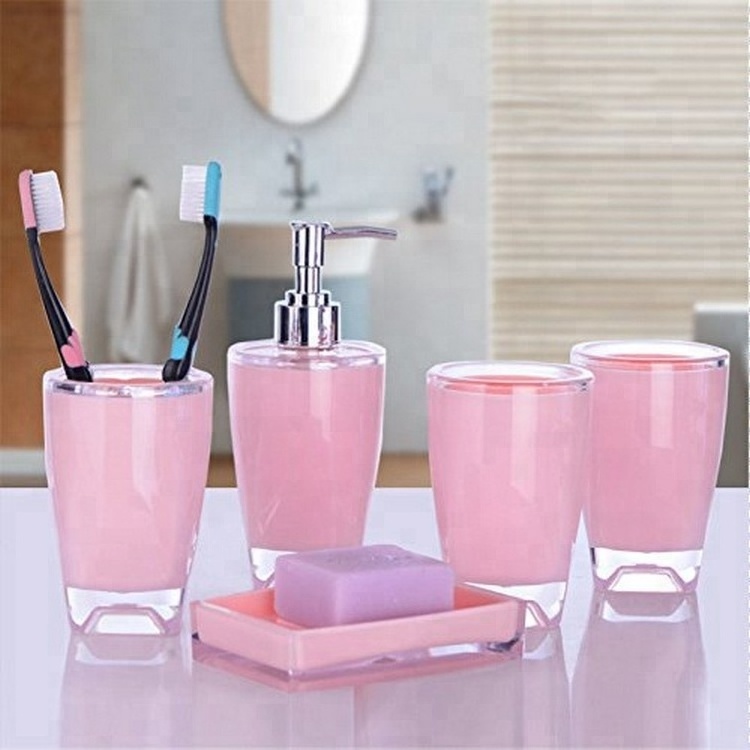 2023 Amazon Hottest Double Layer Cheap Complete 4pcs Pink Acrylic Bathroom Set Bath Accessory