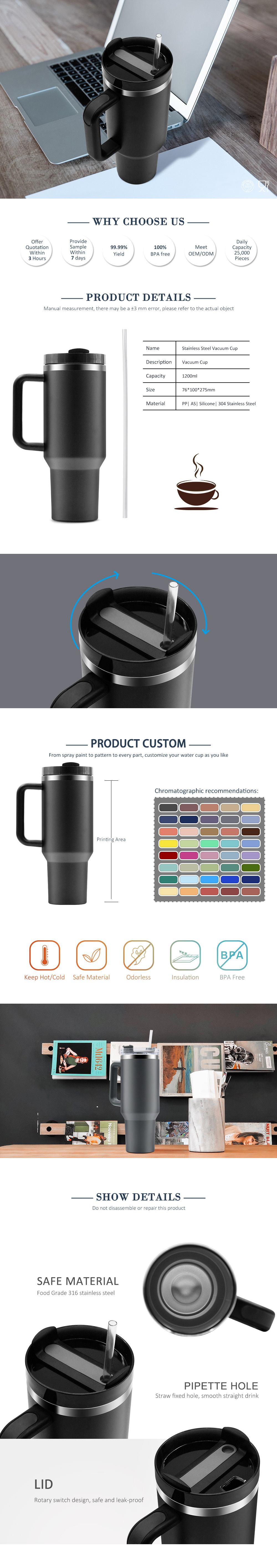 40oz thermal tumbler Reusable Vacuum Insulated Travel Stainless Steel Coffee Cup Mugs With Lid