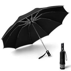 23 Inch 10 Ribs Safety Open 3 Folded Automatic Umbrella With Reflective Strap