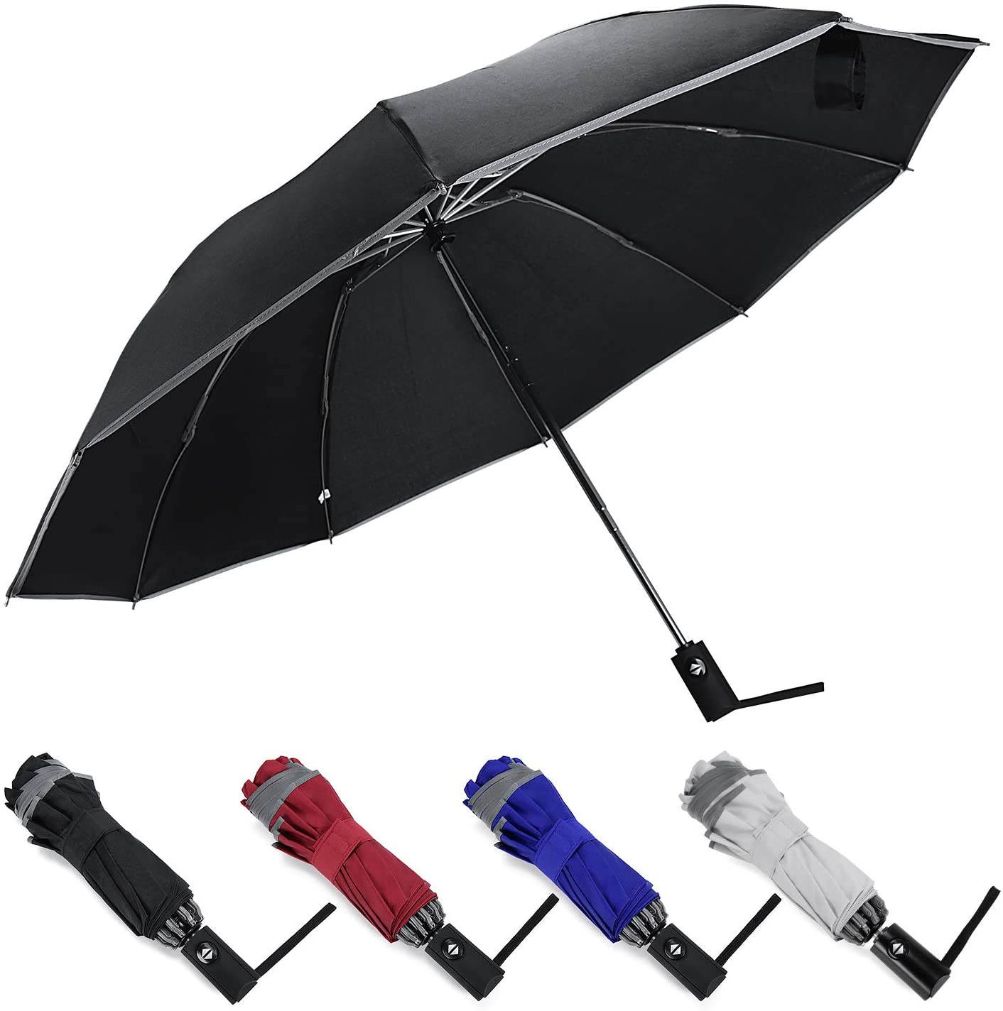 Top Sale In Stronger  Windproof 10 Ribs Auto Open & Close Three Folding  Reverse  Inverted Umbrella For Travel