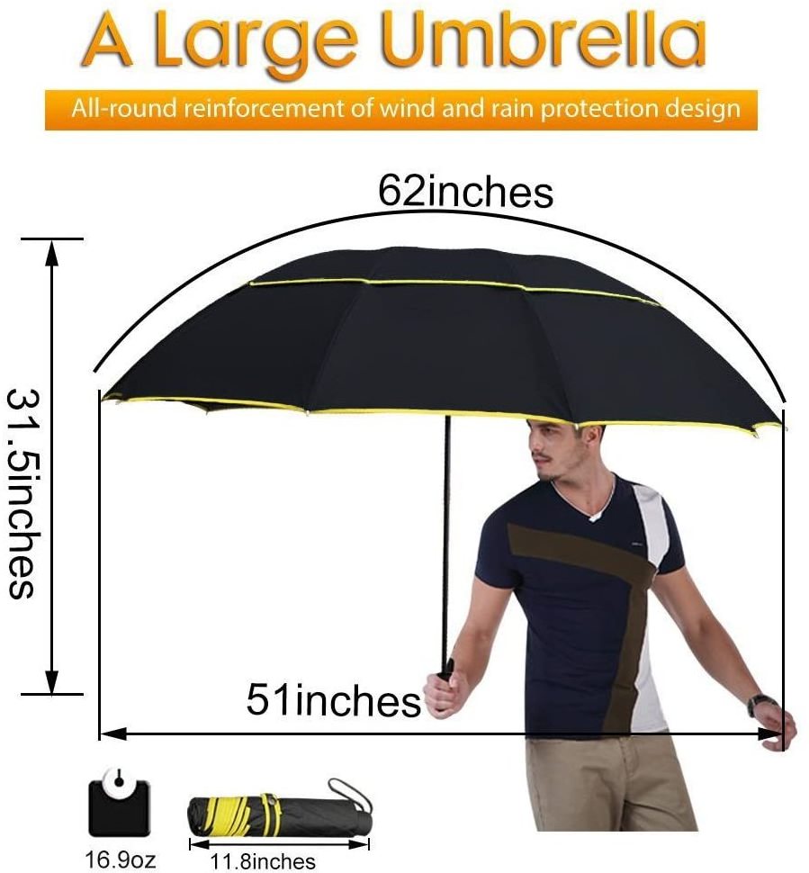 62 Inch Large Golf Umbrella 10 Ribs Folding  Double Canopy Vented Waterproof  Umbrella