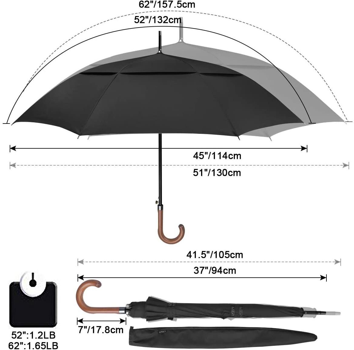 UV Protection  Automatic Open Classic Umbrella Double Canopy Stick Umbrellas With Wooden Crook Handle