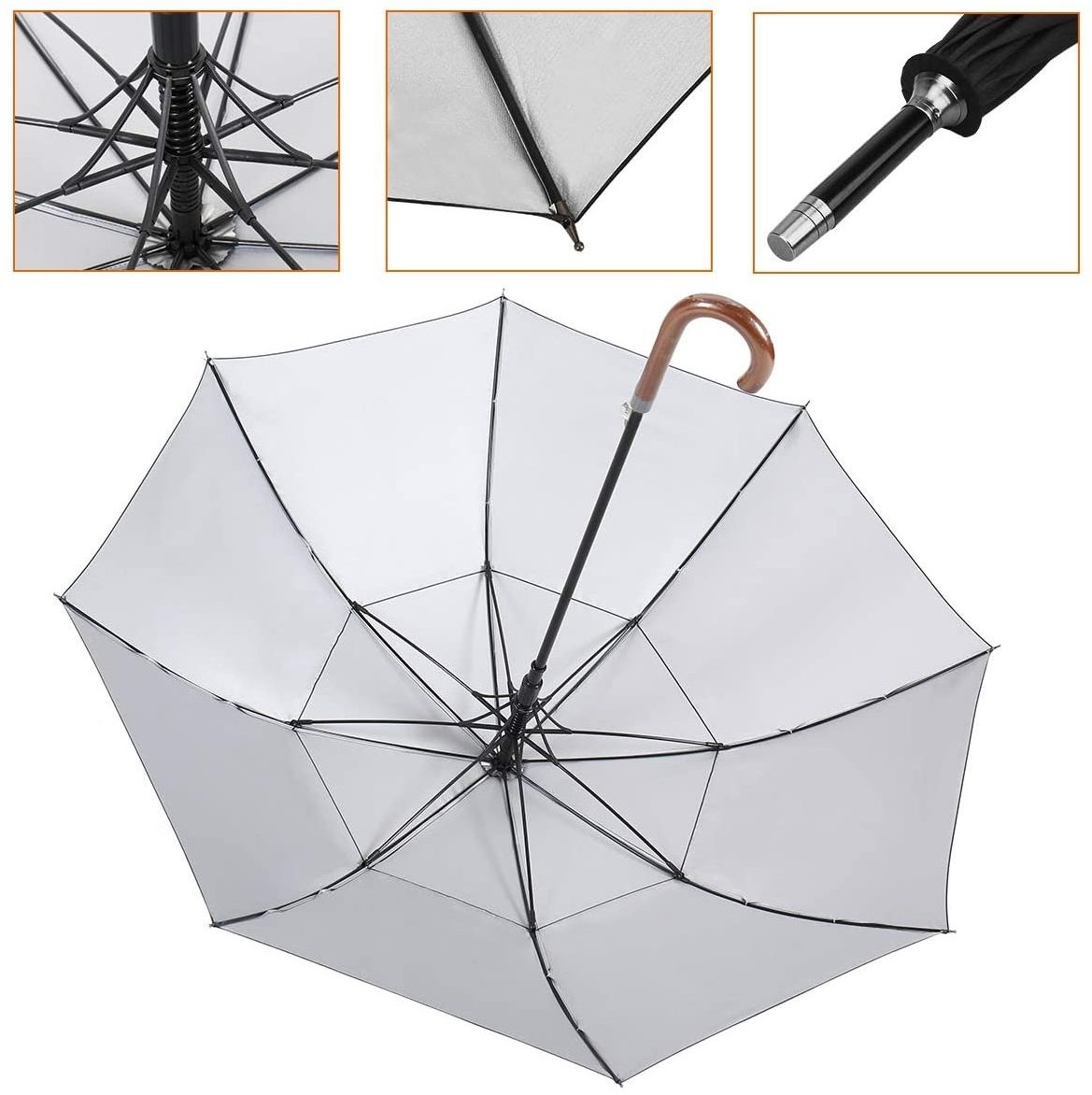 UV Protection  Automatic Open Classic Umbrella Double Canopy Stick Umbrellas With Wooden Crook Handle