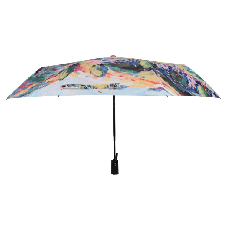 Oil Painting Strong Rain And Windproof Triple Folding Fully Automatic 3 Fold Art Umbrella With Printing