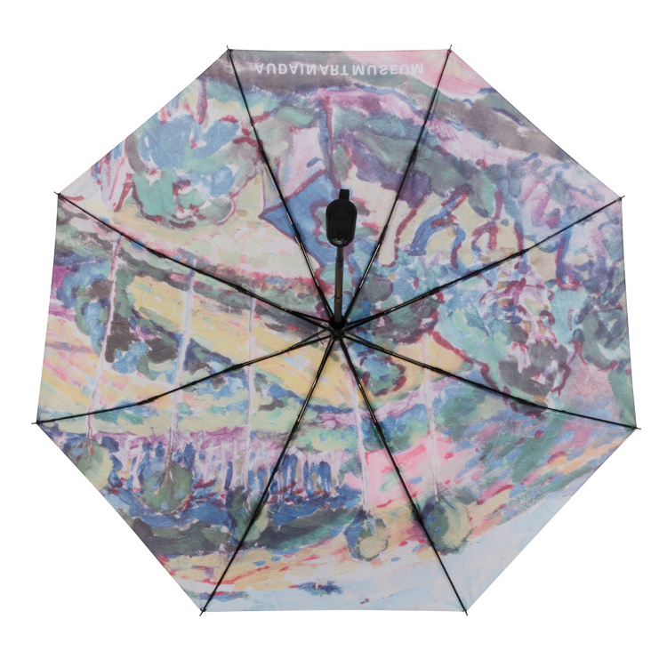 Oil Painting Strong Rain And Windproof Triple Folding Fully Automatic 3 Fold Art Umbrella With Printing