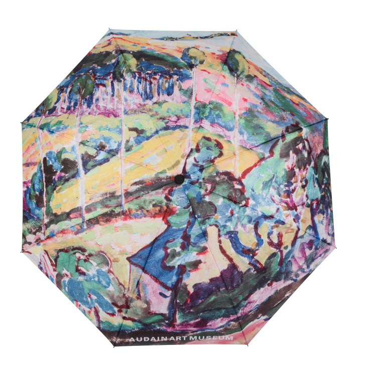 Oil Painting Strong Rain And Windproof Triple Folding Fully Automatic 3 Fold Art Umbrella With Printing