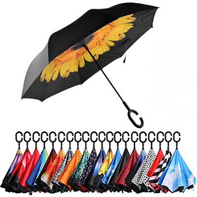 Wholesale Custom Logo Printed Double Fabric Windproof C shape Handle Upside Down Inverted Reverse Rain Umbrella