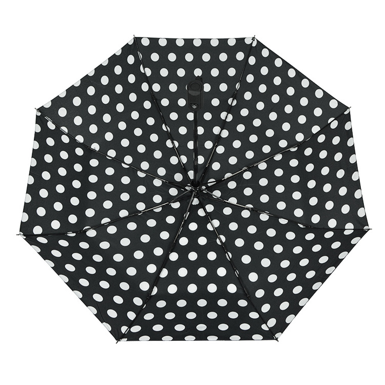 Wholesale Black Umbrella With White Polka Dot Print 3 Folding Sun And Rain Umbrella