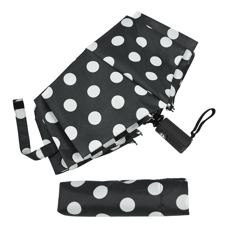 Wholesale Black Umbrella With White Polka Dot Print 3 Folding Sun And Rain Umbrella