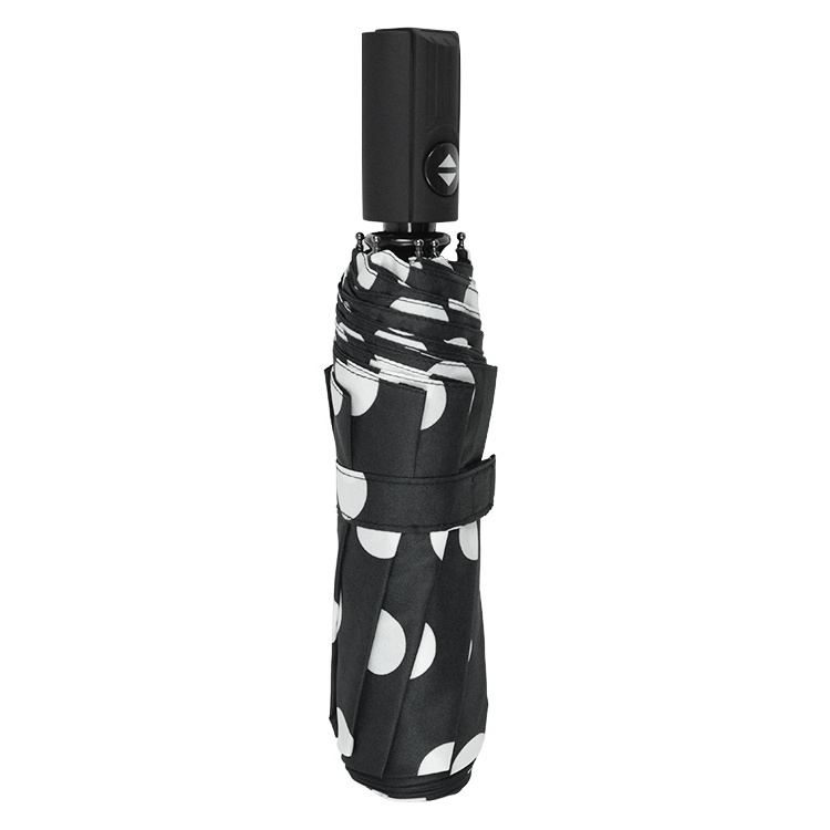 Wholesale Black Umbrella With White Polka Dot Print 3 Folding Sun And Rain Umbrella