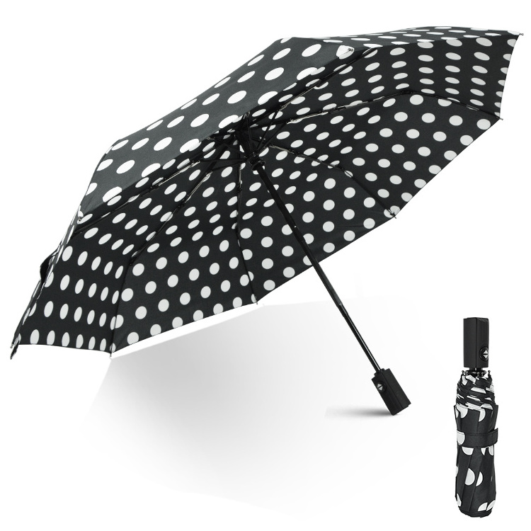 Wholesale Black Umbrella With White Polka Dot Print 3 Folding Sun And Rain Umbrella