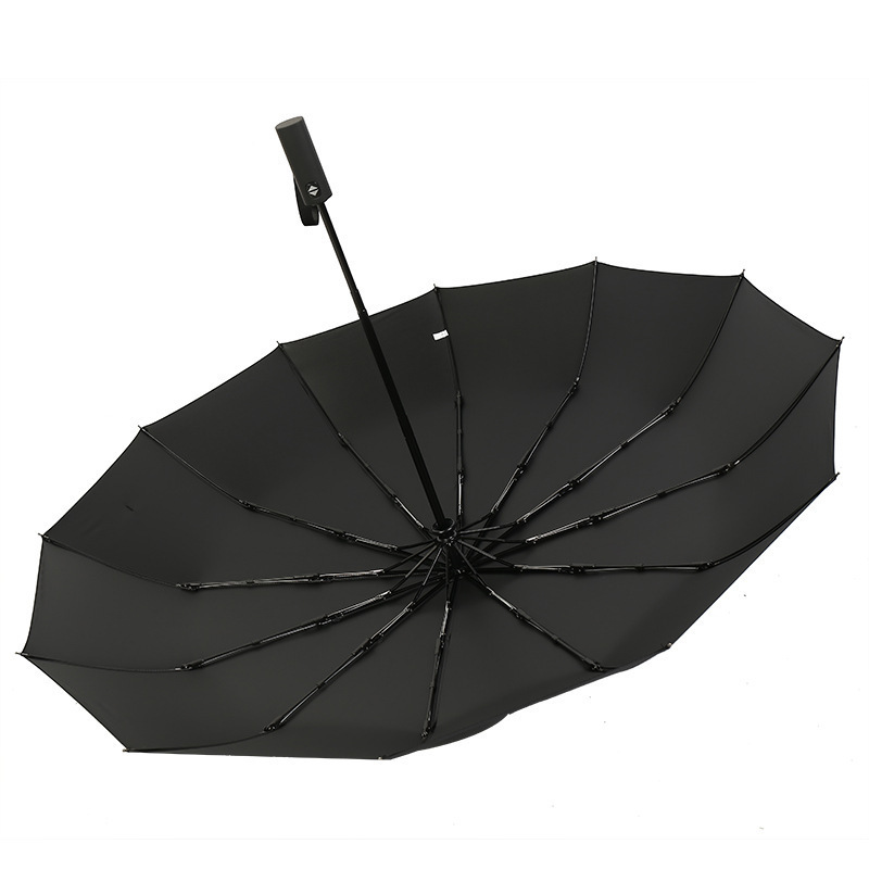 Strong Windproof 23 Inch 12 Ribs 210T Pongee 3 Folding Umbrella with Long Handle