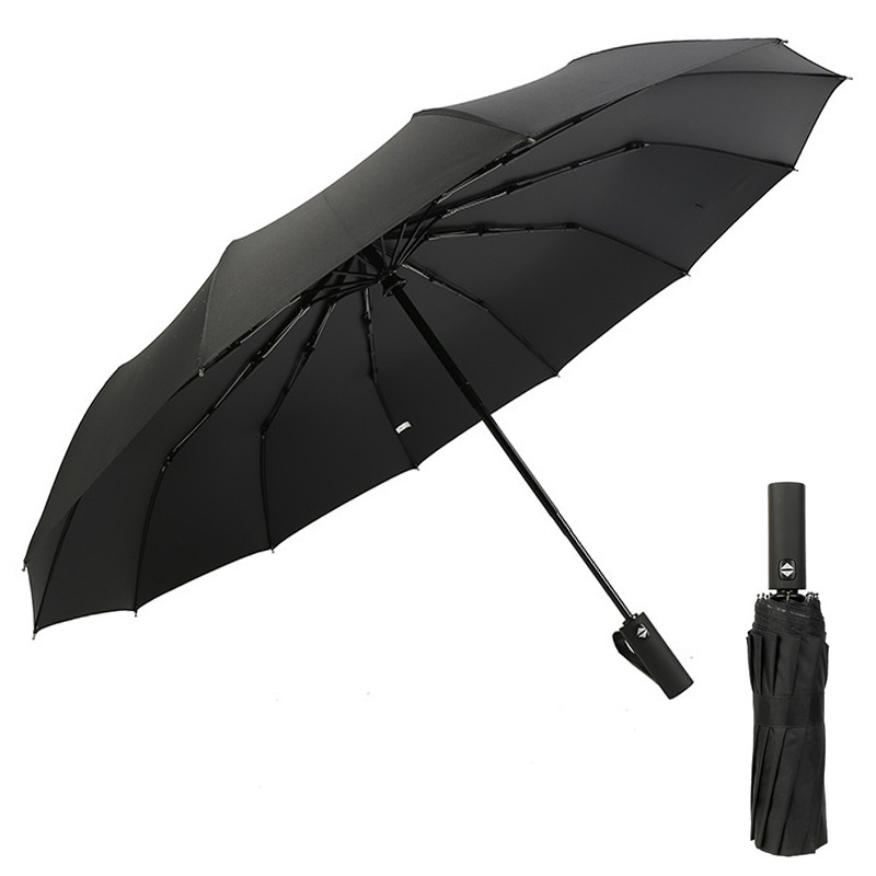 Strong Windproof 23 Inch 12 Ribs 210T Pongee 3 Folding Umbrella with Long Handle