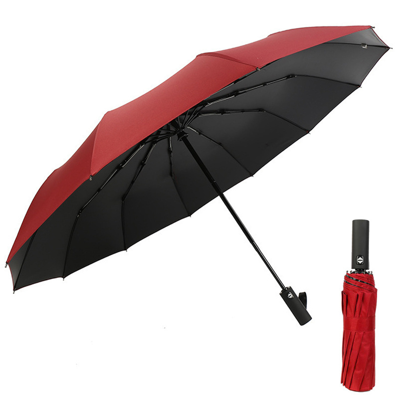 Strong Windproof 23 Inch 12 Ribs 210T Pongee 3 Folding Umbrella with Long Handle