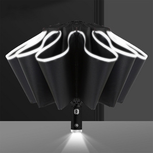 23 Inch 10 Ribs 190 T Fabric With UV Business Gifts 3 Fold Reverse Reflective Led Light Handle Automatic Umbrella