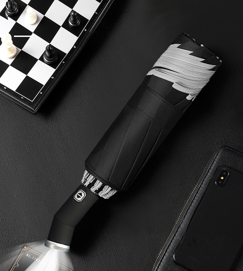 Travel Windproof Uv Lamp Rechargeable Torch Flashlight Led Auto Open Auto Close 3 Folding Foldable Mini Umbrella With Light