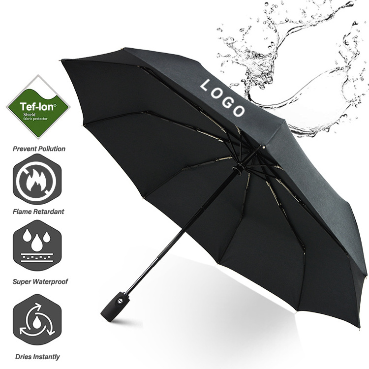 Wholesale Price High End High Quality UV Automatic Auto Close Open 21 Inch 9K Tef-Lon Black Three 3 Folding Umbrella With logo