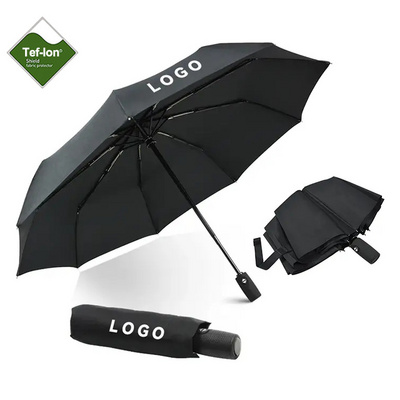 Wholesale Price High End High Quality UV Automatic Auto Close Open 21 Inch 9K Tef-Lon Black Three 3 Folding Umbrella With logo