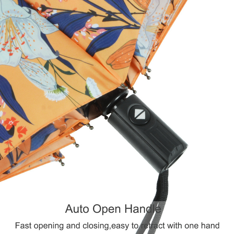 Customized Digital Printing Windproof Rainproof Uv 21 Inch 9K Automatic Open Orange A Three-Stage 3 Fold Umbrella