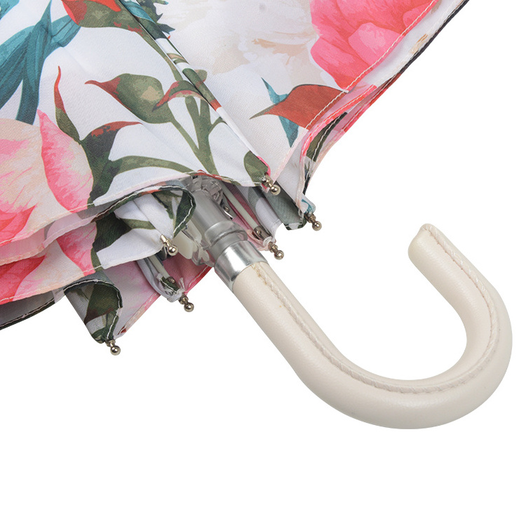 Lightweight White PU Curved handle Small Compact Umbrella Travel Folding Sunproof Japanese Style Umbrella For Women