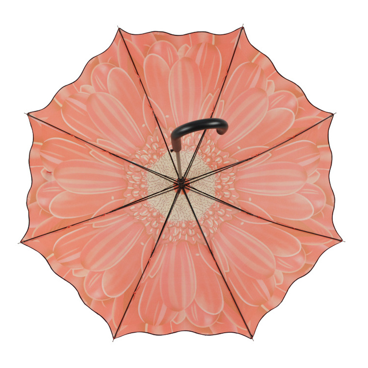 Chinese factory supplier good price full printed flower straight umbrella with plastic curved handle