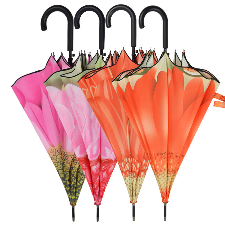 Chinese factory supplier good price full printed flower straight umbrella with plastic curved handle