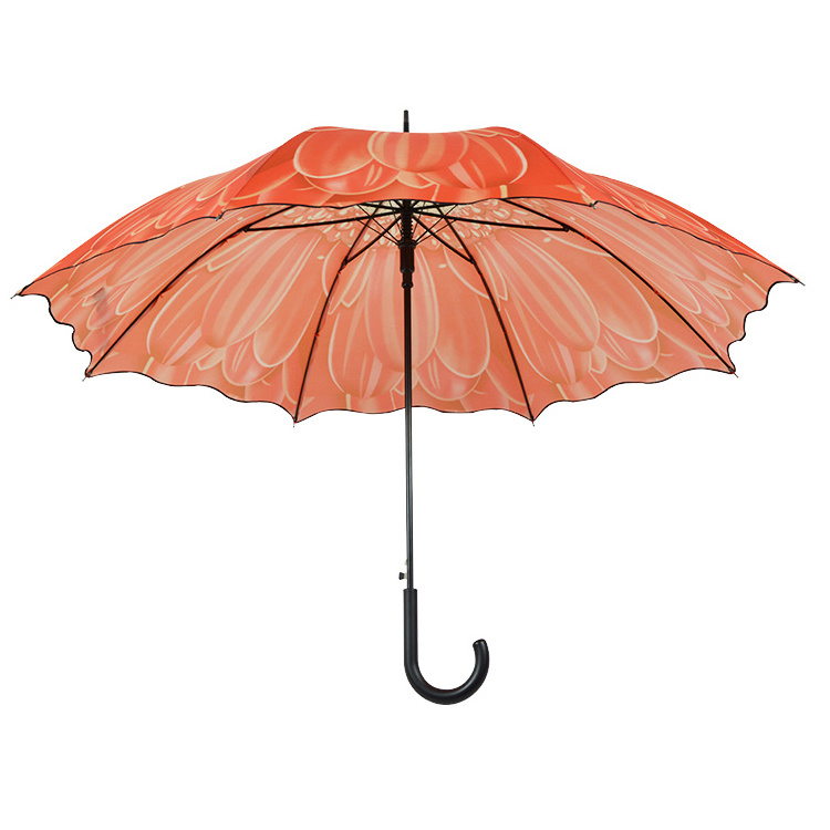 Chinese factory supplier good price full printed flower straight umbrella with plastic curved handle