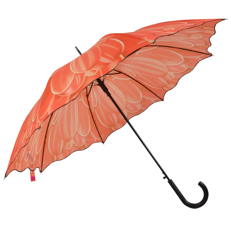 Chinese factory supplier good price full printed flower straight umbrella with plastic curved handle