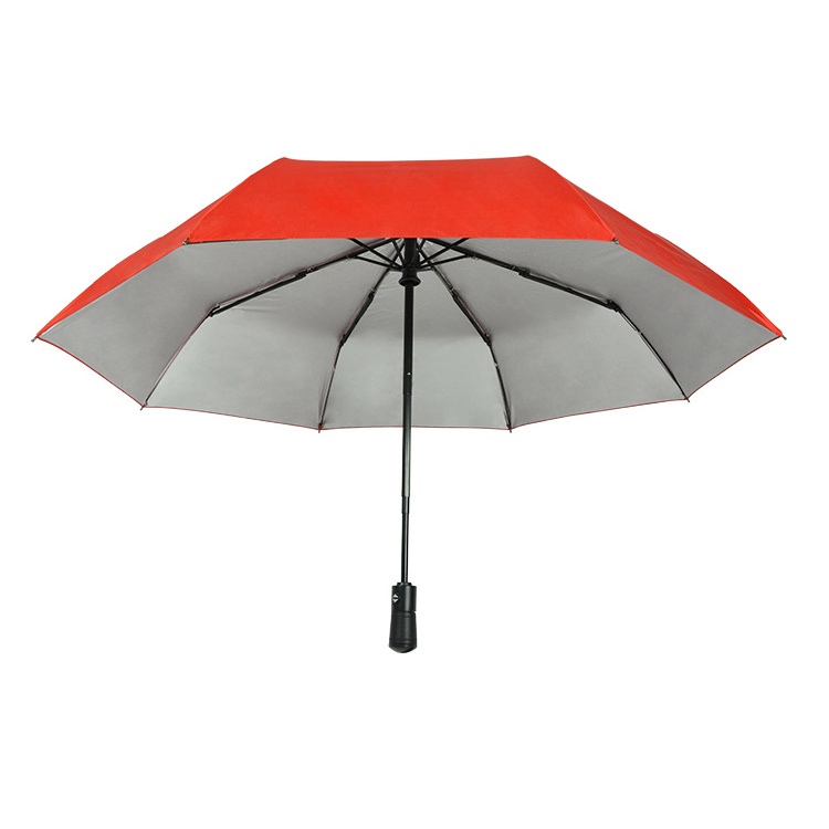 Sunny And Rainy Umbrella Silver Coated Pongee Fabric Automatic Open 3 Folding Umbrella With PU Handle