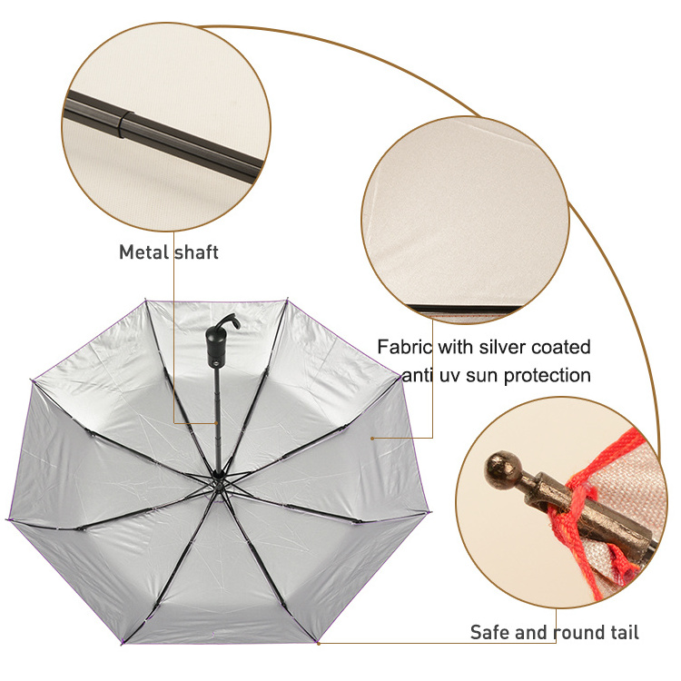 Sunny And Rainy Umbrella Silver Coated Pongee Fabric Automatic Open 3 Folding Umbrella With PU Handle