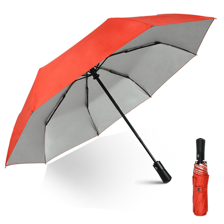 Sunny And Rainy Umbrella Silver Coated Pongee Fabric Automatic Open 3 Folding Umbrella With PU Handle