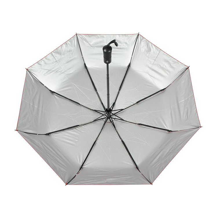 Sunny And Rainy Umbrella Silver Coated Pongee Fabric Automatic Open 3 Folding Umbrella With PU Handle