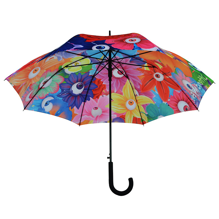 High Quality Plastic J shape Handle Heat Transfer Printing Straight Adult Umbrella