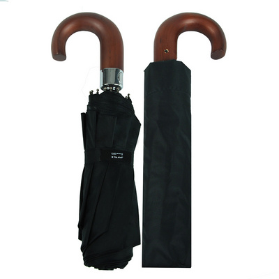 23"*10 Ribs Crook Wooden Handle 3 Fold Umbrella With Windproof