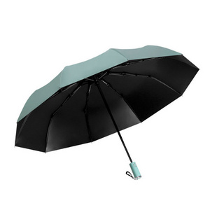 Factory Ready To Ship 23" 10K Automatic Open Close 3 Folding 10 Steel Ribs Black Metal Umbrella With Rubber Coated Handle