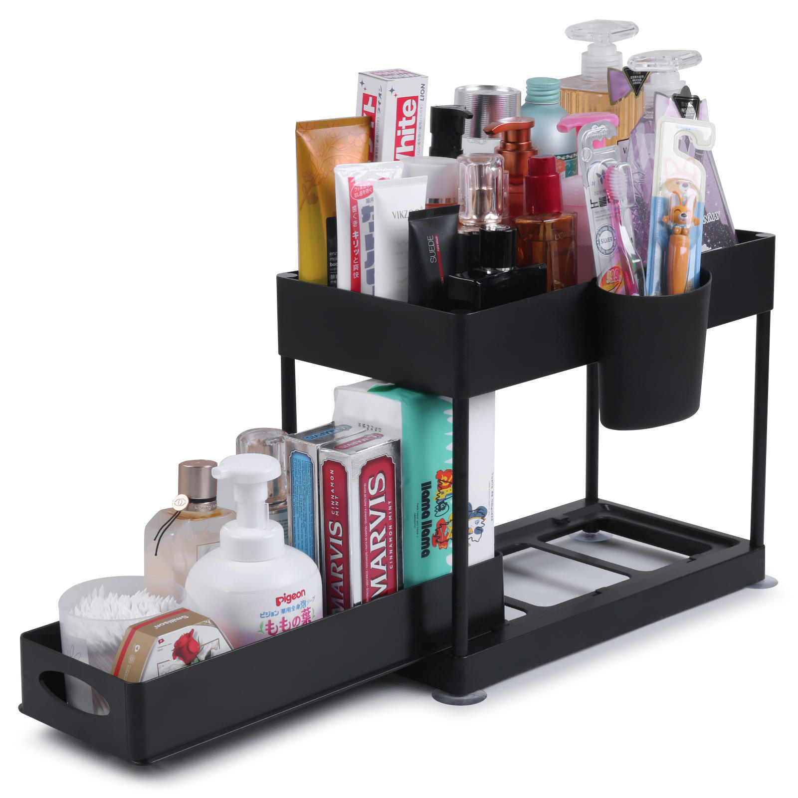 Push-pull Modern 2-Tier under Sink Organizer for Bathroom or Kitchen Black Drawer with Sliding Cabinet Basket