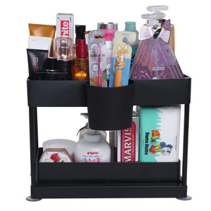 Push-pull Modern 2-Tier under Sink Organizer for Bathroom or Kitchen Black Drawer with Sliding Cabinet Basket