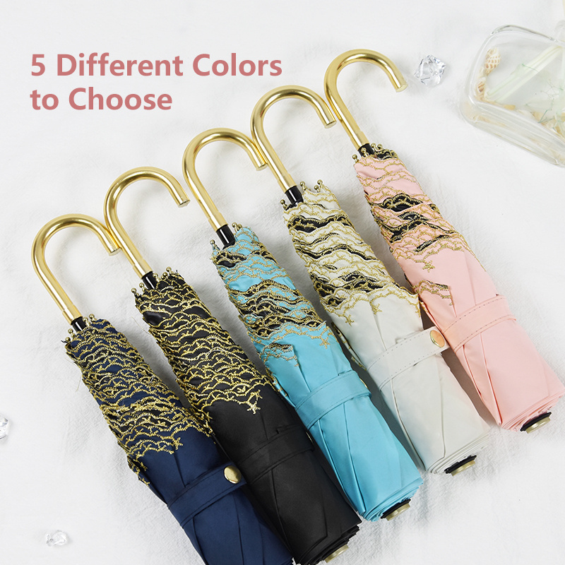 Anti uv protection compact mini super small size custom 3 folding umbrella with embroidered edge