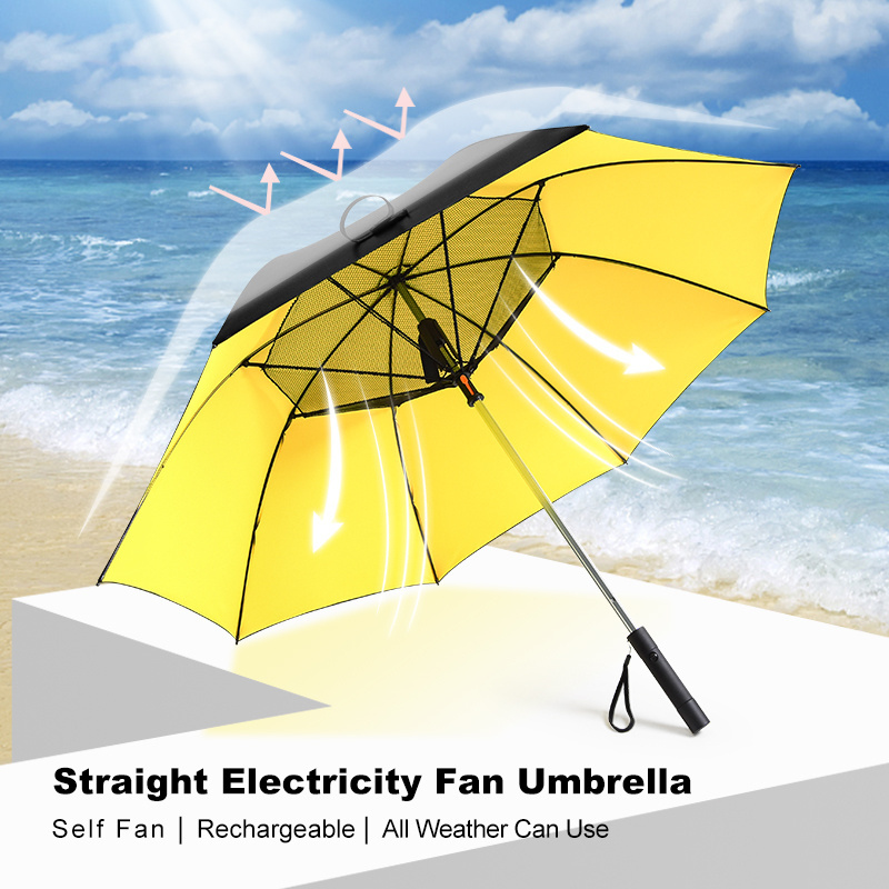 Outdoor hot sell 27 inches functional electric fan umbrella with charging straight fan umbrella