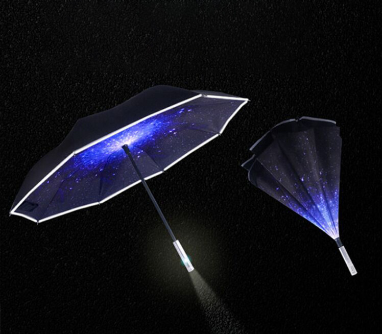 Reverse umbrella led luminous windproof led flashlight handle straight umbrella reflective