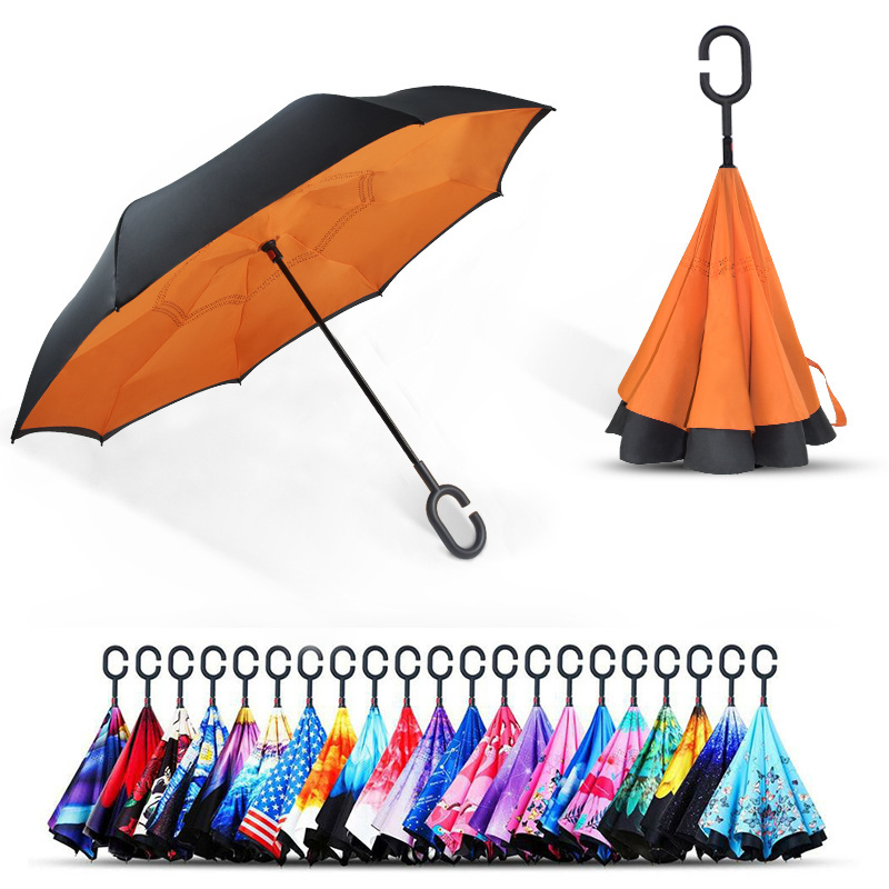 Hands free wind resistant inverse inside out c handle smart reverse upside-down double layer inverted umbrella