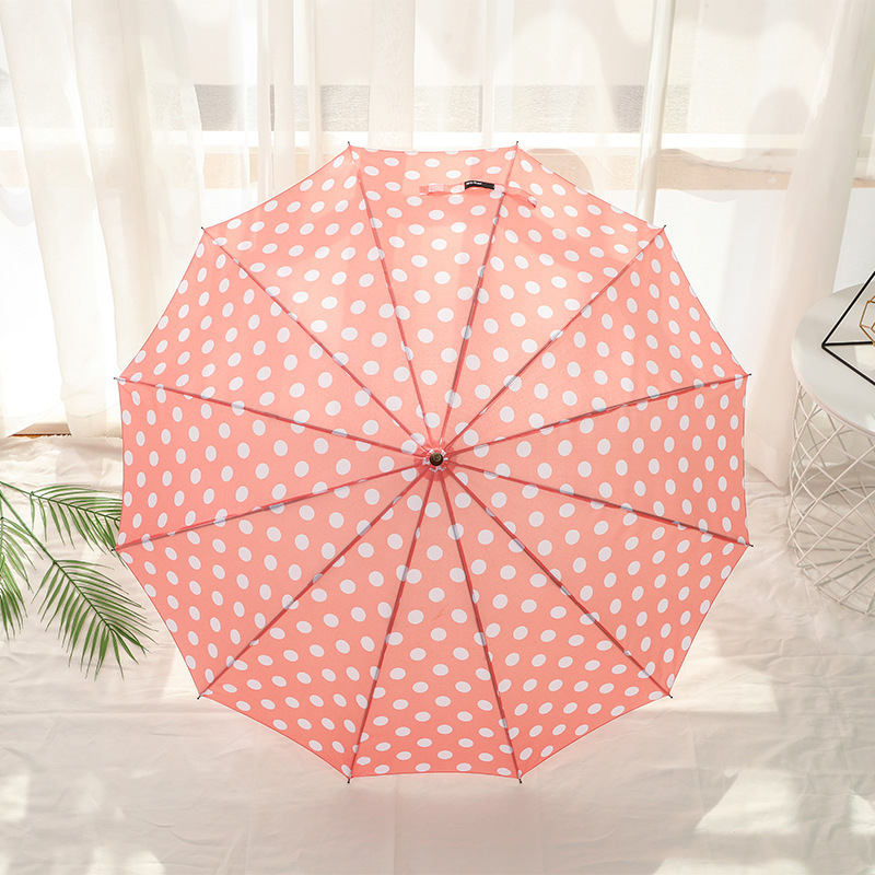 High Quality Anti-wind Women Stylish Polka Dot Automatic Straight Umbrella with Curved Wooden Handle